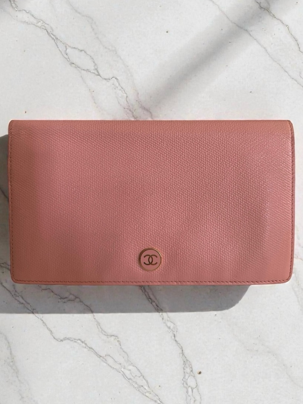 CHANEL Vintage Large Bifold Coco Button Long Wallet Dusty Pink Caviar Leather